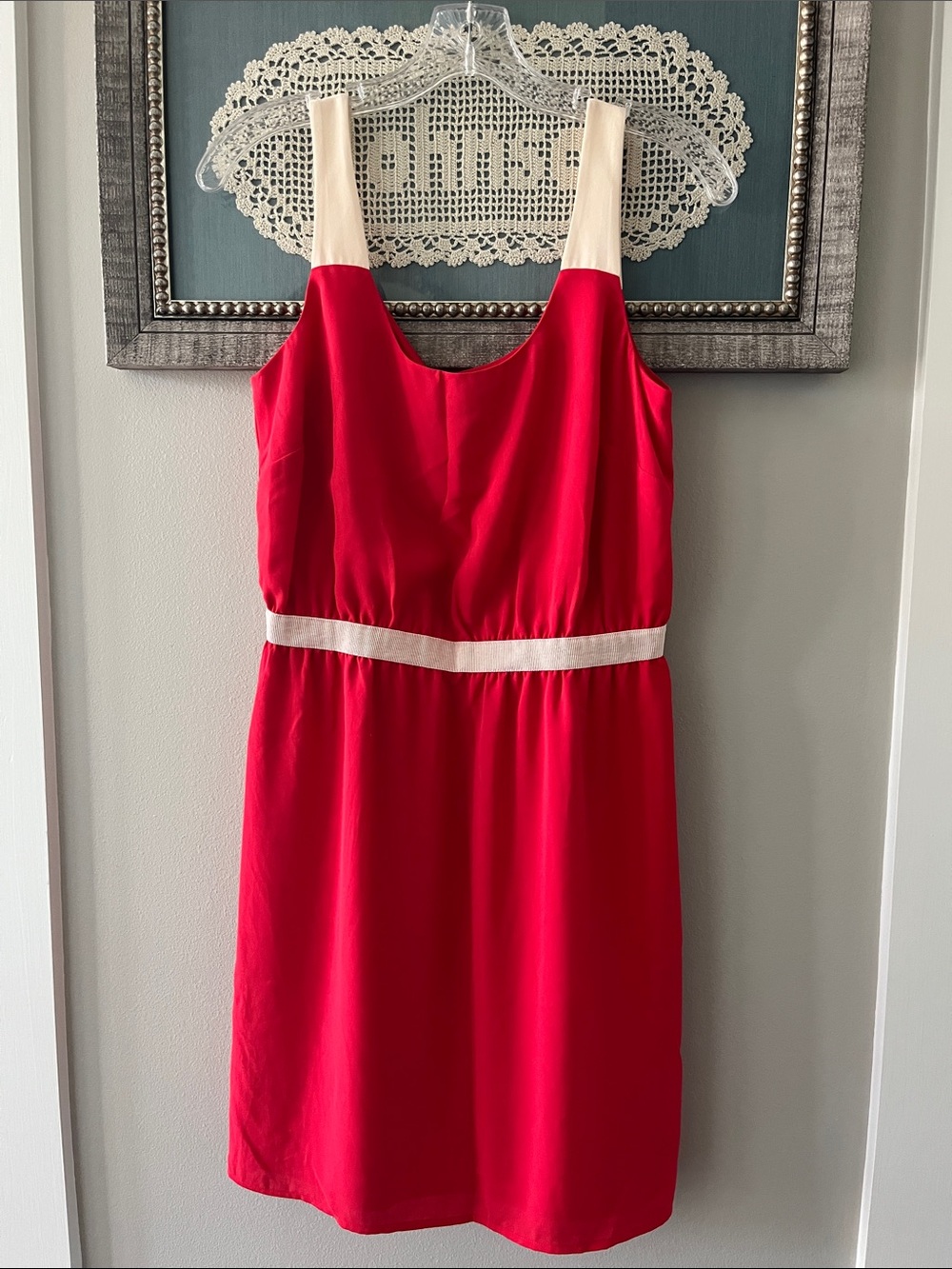 LOFT Orange/Red Dress with Cream Straps and Waist